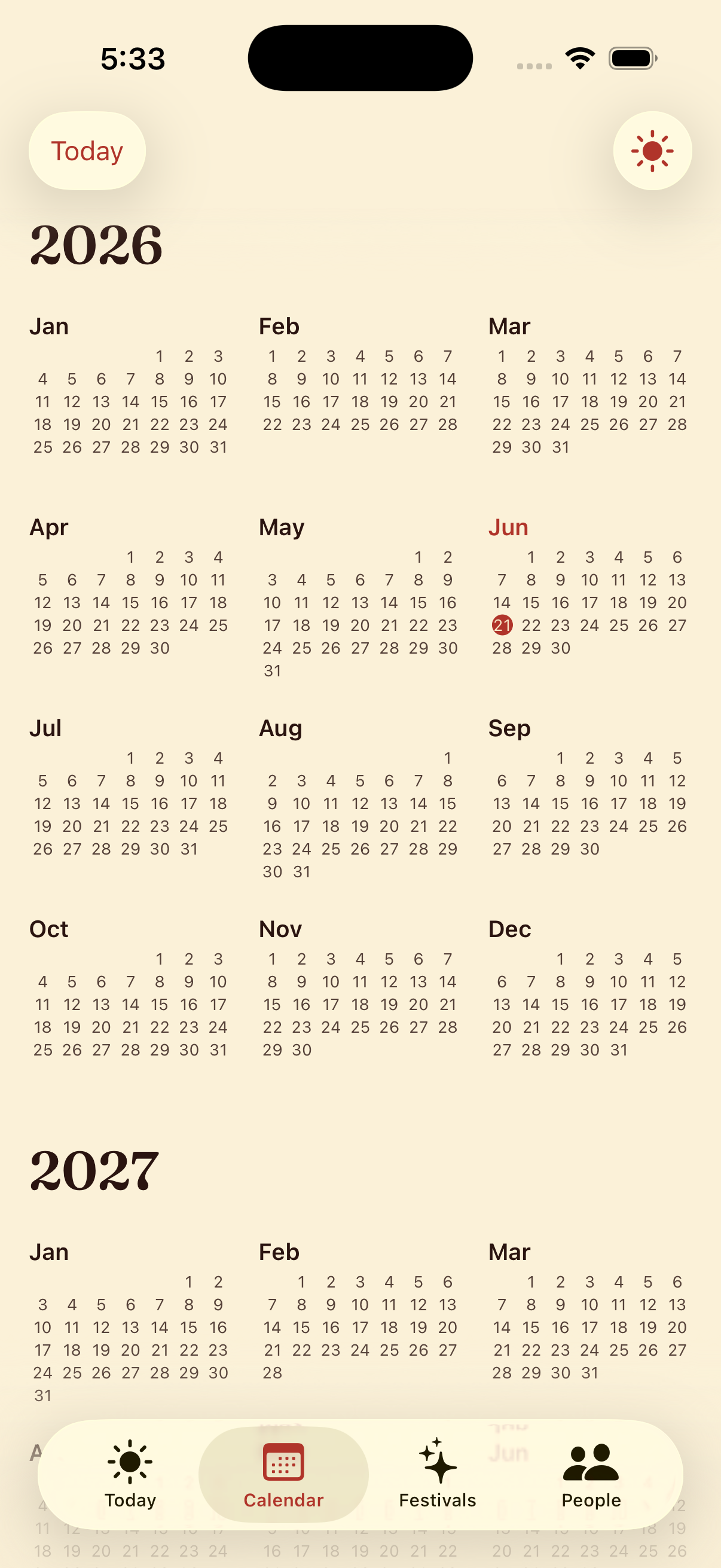 Year calendar view for 2026 and 2027 in a warm editorial layout.