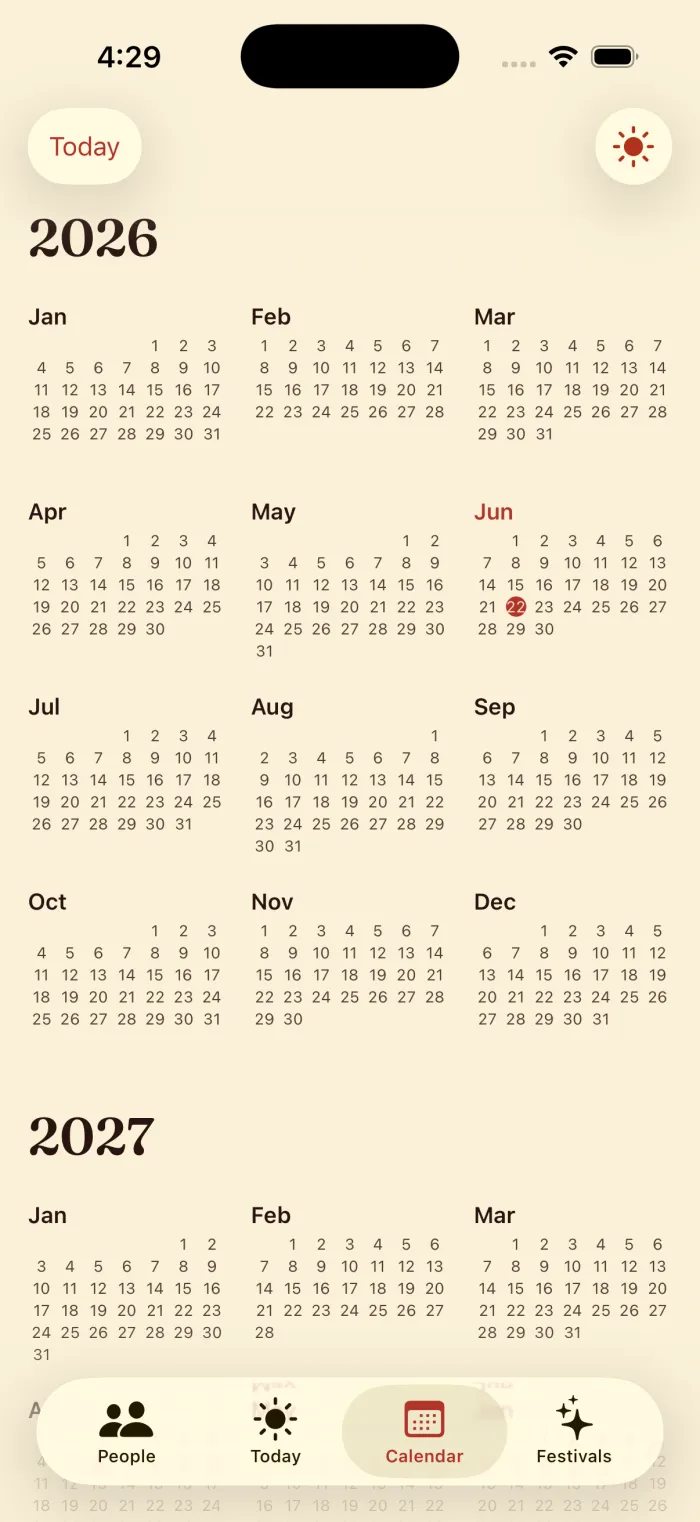 Year calendar view for 2026 and 2027 in a warm editorial layout.