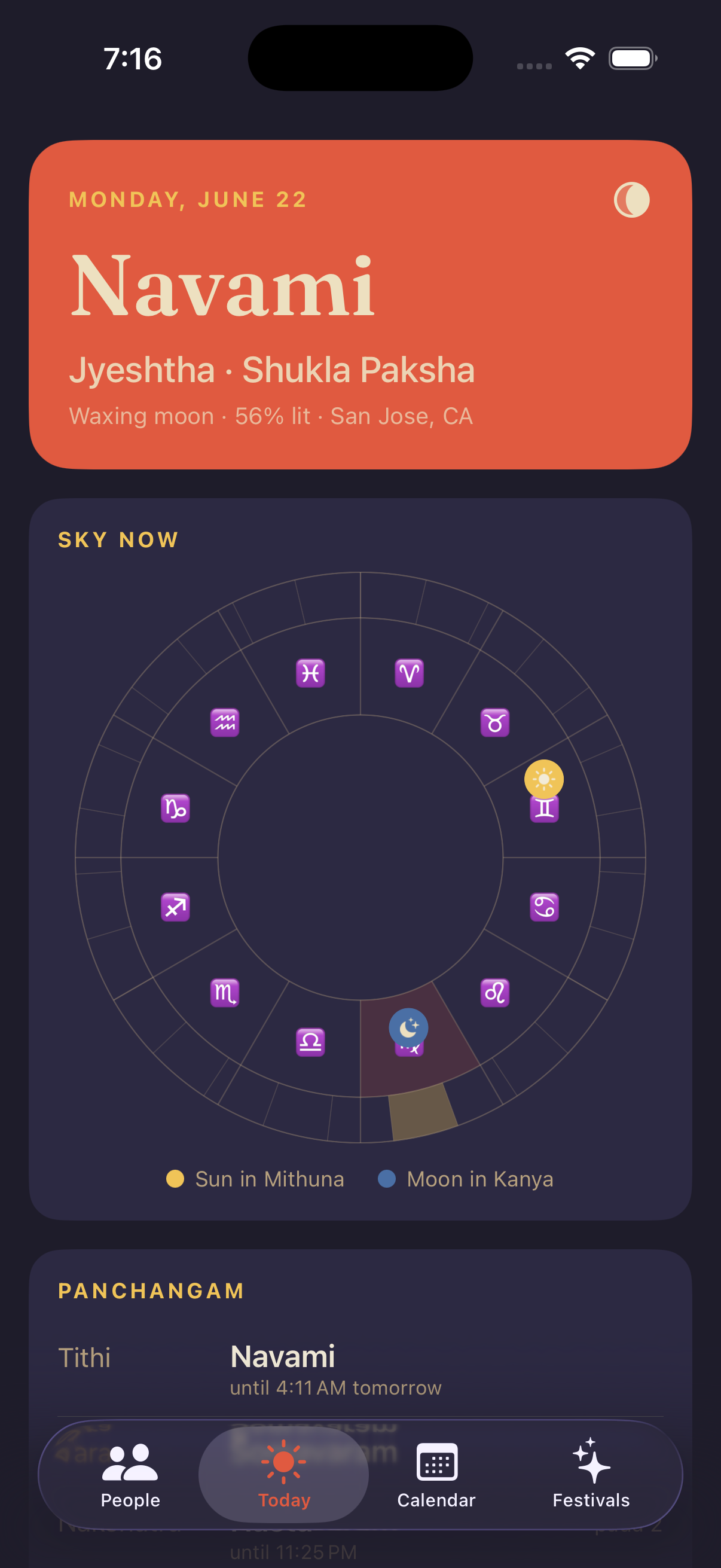 Sampangi's Today screen in dark mode with the sky wheel.