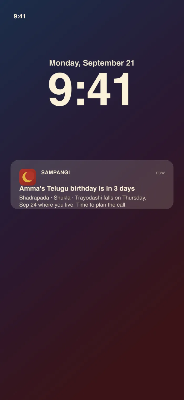 Sampangi lock-screen reminder: Amma's Telugu birthday is in 3 days.